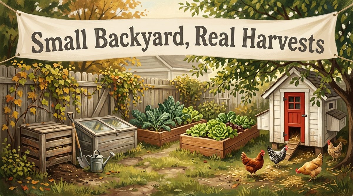 A small backyard homestead with raised beds, a chicken coop and a cold frame